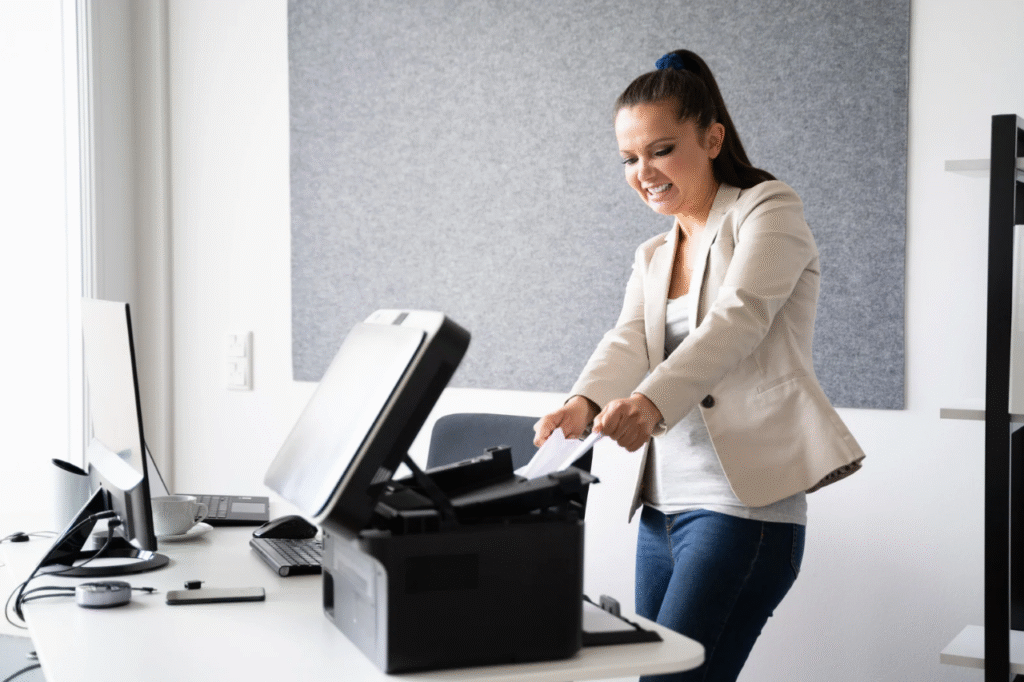 Printer Support Woman trying to pull out paper jam